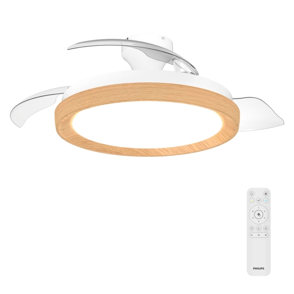 Philips Bliss DC Fan Ceiling Ventilador de Techo con Luz LED Hasta 6500K - Aspas Retractiles - 35W Ventilador + 28W Luz - Mando a Distancia - Color Blanco/Madera