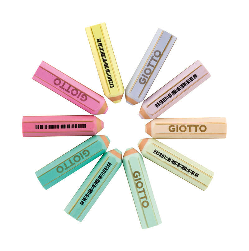 Giotto Happy Gomma Goma de Borrar - Forma de Lapiz - Para Borrar Grafito - 10 Colores Pastel · Pack de 40 uds.