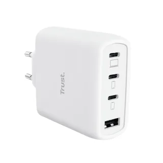 Trust Maxo Cargador de Pared - 65W - GaN - 3xUSB-C - USB-A - Cable USB-C de 2m - Power Delivery - Plastico Reciclado - 30x63x97mm - Color Blanco