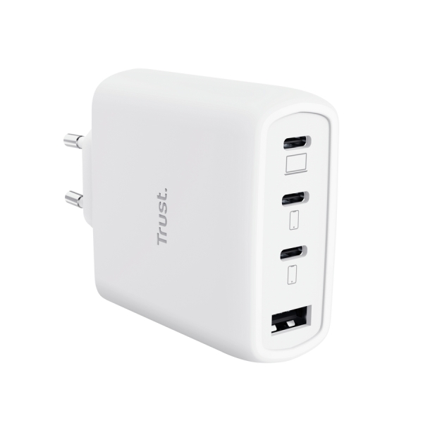Trust Maxo Cargador de Pared - 65W - GaN - 3xUSB-C - USB-A - Cable USB-C de 2m - Power Delivery - Plastico Reciclado - 30x63x97mm - Color Blanco