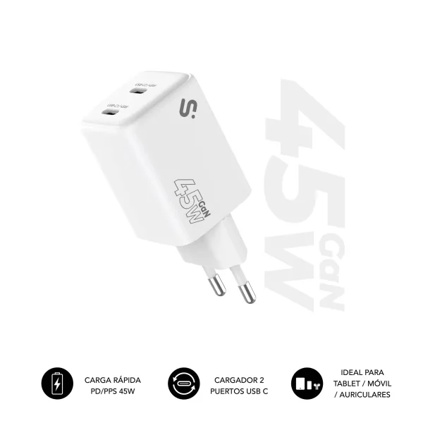 Subblim Cargador de Pared GaN 45W - 2xUSB-C - Carga Ultra rápida - Color Blanco