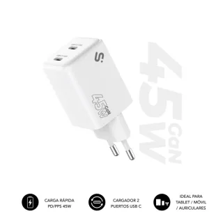 Subblim Cargador de Pared GaN 45W - 2xUSB-C - Carga Ultra rápida - Color Blanco