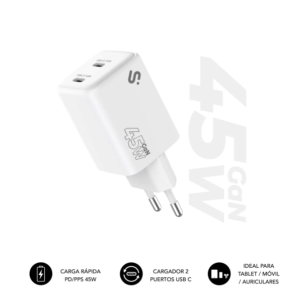 Subblim Cargador de Pared GaN 45W - 2xUSB-C - Carga Ultra rápida - Color Blanco