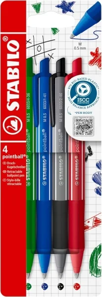 Stabilo Pointball Colorful Pack de 4 Boligrafos Retractiles - Trazo 0.5mm - Hechos con 87% Bioplastico - Grip Antideslizante - Recargables - Colores Surtidos