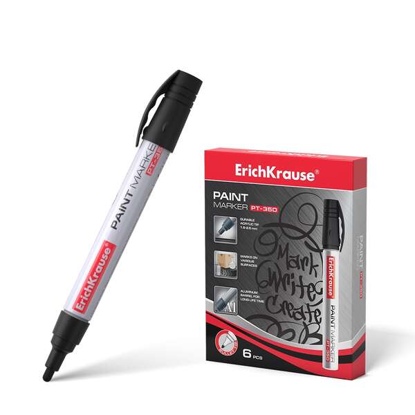 Erichkrause PT-350 Marcador de Pintura - Punta en Forma de Bala - Trazo de 1.5-2.5mm - Sistema de Suministro de Tinta de Valvula - Cuerpo de Aluminio Resistente - Color Negro · Pack de 6 uds