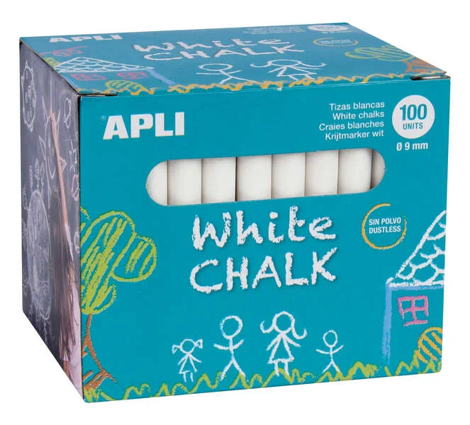 Apli Tizas Blancas Redondas - Pack de 100 Unidades Tamaño Ø 9 x 80mm - Ideales para Escribir, Dibujar y Colorear en Pizarras y Pavimentos - Aptas para Uso Escolar