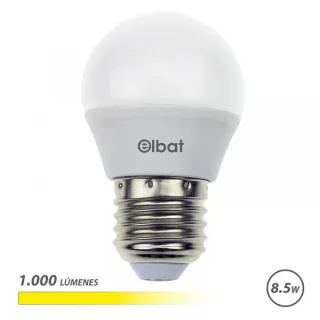 Elbat G45 Bombilla LED - Potencia 8.5W - Flujo Luminoso 1000lm - E27 - Temperatura de Color 3000K - Luz Calida - Apertura 180º - Vida Util 30.000h - 15.000 Encendidos - 45x78mm - Color Blanc