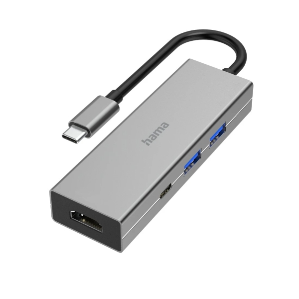Hama Essential Hub USB 3.2 - Potencia Maxima 100W - Cable USB-C Integrado de 15cm - HDMI 4K - USB-C - 2x USB-A - Power Delivery - Color Gris