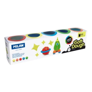 Milan Neon Soft Dough Pack de 5 Botes de Pasta Blanda - 100% Vegetal - Moldeable - Sin Residuos - Colores Mezclables - 142g por Unidad - Colores Surtidos