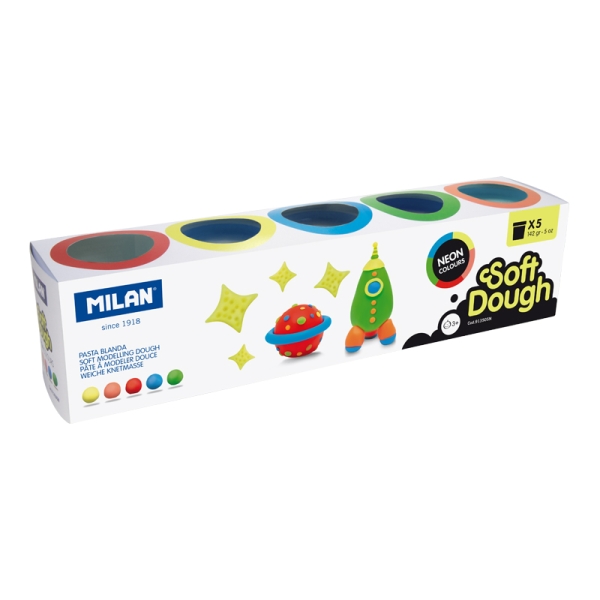 Milan Neon Soft Dough Pack de 5 Botes de Pasta Blanda - 100% Vegetal - Moldeable - Sin Residuos - Colores Mezclables - 142g por Unidad - Colores Surtidos