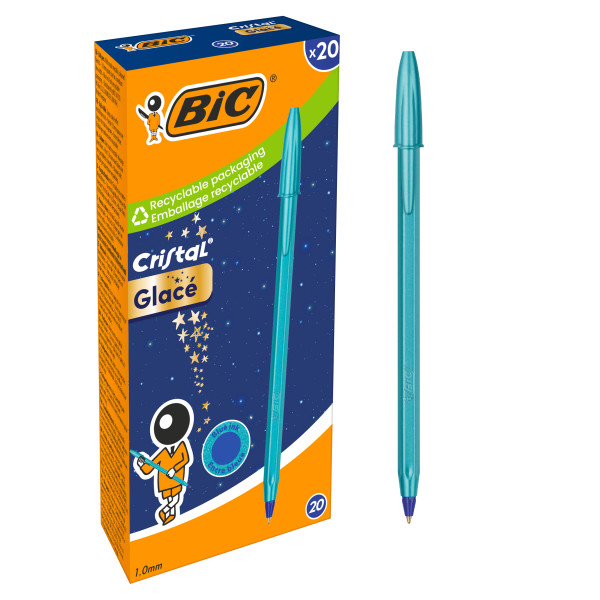 Bic Cristal Glace Boligrafo de Bola - Cuerpo Opaco en Color Azul Metalizado Mate - Punta Redonda de 1mm - Trazo 0.4mm - Tinta con Base de Aceite - Color de la Tinta Azul · Pack de 20 uds.