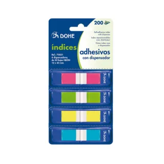 Dohe Pack de 4 Mini-Indices Adhesivos Reposicionables de 50uds cada Uno - Medidas 12x45mm - Dispensador con 4 Colores - Ideal para Oficina y Escuela - Colores Surtidos