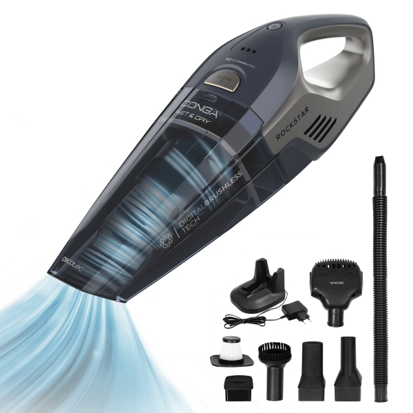 Cecotec Conga Rockstar Animal Hand Aspirador de Mano - 20kPa - Solidos y Liquidos - Autonomia 40min - Deposito 500ml - Incluye Accesorios - Filtro de Alta Eficiencia - Color Gris y Azul Mari