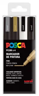 Posca PC3M Pack de 4 Marcadores de Pintura - Punta Conica 0.9-1.3mm - Tinta Base al Agua - Resistente a la Luz - No Permanente - Ideal para Carteleria y Decoracion - Colores Plata, Oro, Blan