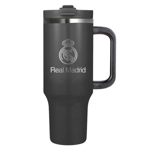 Safta Real Madrid Vaso con Asa Termico - Capacidad 1.2L - Pajita con Varilla de Limpieza - Revestimiento Interior de Cobre - Tapa Antifugas - 12h Caliente - 24h Frio - 14x26.5x10.5cm - Color Negro