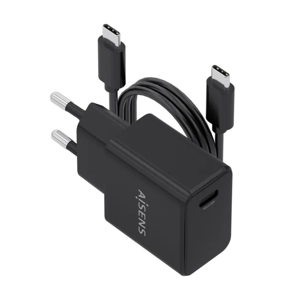 Aisens Cargador Gan 20W - 1xUSB-C PD3.0 - Cable USB-C 1m - Color Negro