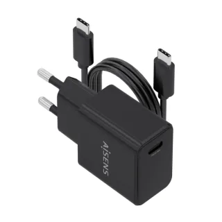 Aisens Cargador Gan 20W - 1xUSB-C PD3.0 - Cable USB-C 1m - Color Negro