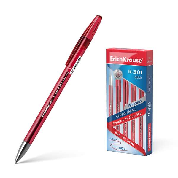 Erichkrause R-301 Original Boligrafo de Tinta de Gel - Punta 0.5mm - Trazo 0.4mm - Cuerpo Translucido Tintado - Grip Perfilado Comodo - Secado Rapido - Color Rojo · Pack de 12 uds.