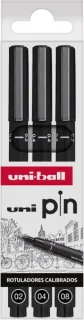 Uni-ball Uni Pin Pack de 3 Rotuladores Calibrados 0.2, 0.4, 0.8 - Punta Poliacetal - Tinta Pigmentada Resistente al Agua y Luz - Color Negro