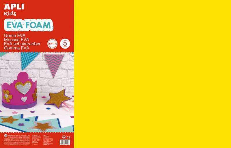 Apli Pack con 5 Hojas de Goma Eva 600x400mm - Tamaño Grande y Flexible - Color Amarillo