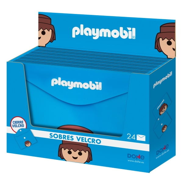 Dohe Playmobil Expositor con 24 Sobres Portadocumentos Folio - Cierre de Velcro - Polipropileno Opaco 200 Micras - Color Azul