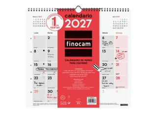 Finocam Neutro Calendario de Pared - Anual 2027 - Mes Vista - Formato L - 340x320mm - Espiral Doble - Papel de 120g/m2 - Espacio para Escribir - Color Rojo y Blanco