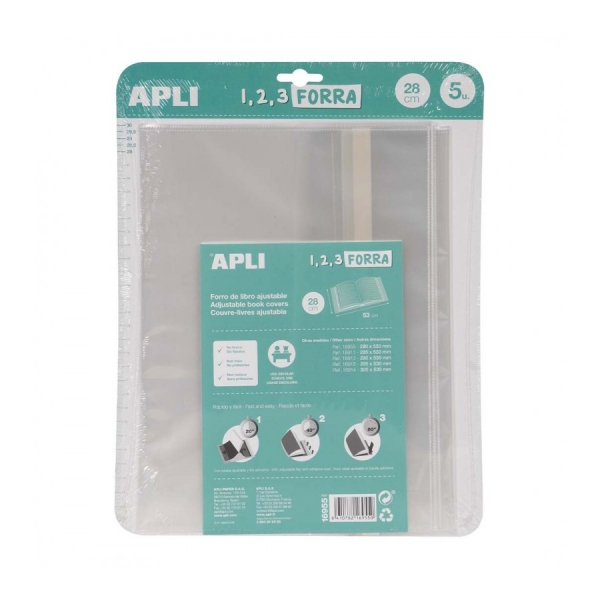 Apli Pack de 5 Forros para Libros 280mm de Polipropileno 75 micras - Solapa Autoajustable - Facil Forrado en 3 Pasos - Sin Necesidad de Cortar ni Usar Cinta Adhesiva - Transparente