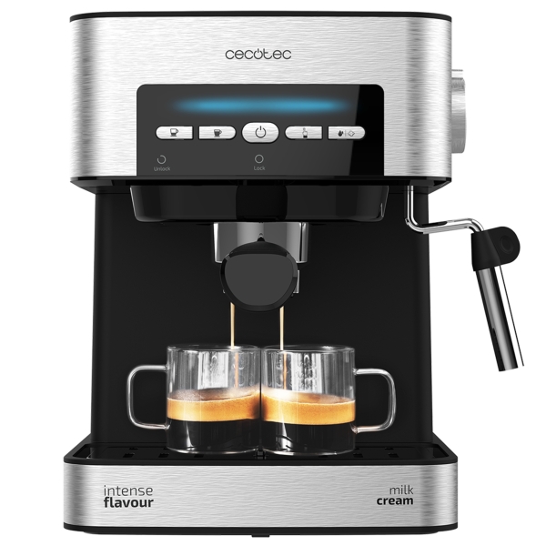 Cecotec Power Espresso 20 Matic Cafetera Espresso con Vaporizador - Capacidad 1.5L - Presion 20bar - Deposito de 1.5L - Acero Inoxidable - Vaporizador - Calientatazas - Color Negro y Platead