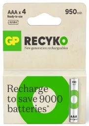 GP ReCyko Pack de 4 Pilas Recargables 950mAh AAA 1.2V - Precargadas - Ciclo de Vida: Hasta 1.000 Veces