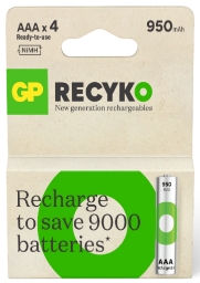 GP ReCyko Pack de 4 Pilas Recargables 950mAh AAA 1.2V - Precargadas - Ciclo de Vida: Hasta 1.000 Veces