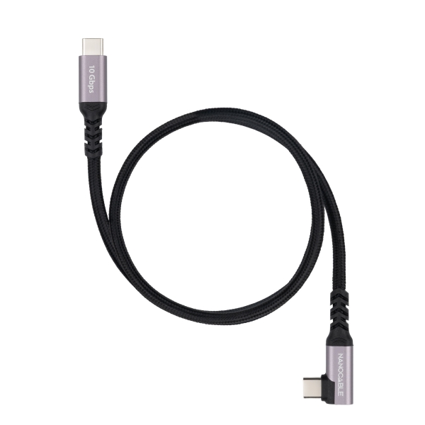 Nanocable Cable USB-C Macho Acodado 90º - Soporta hasta 100W - Longitud 0.5m - Velocidad de Transferencia hasta 10Gbps - Resolucion 4K - Algodon Trenzado - Color Negro