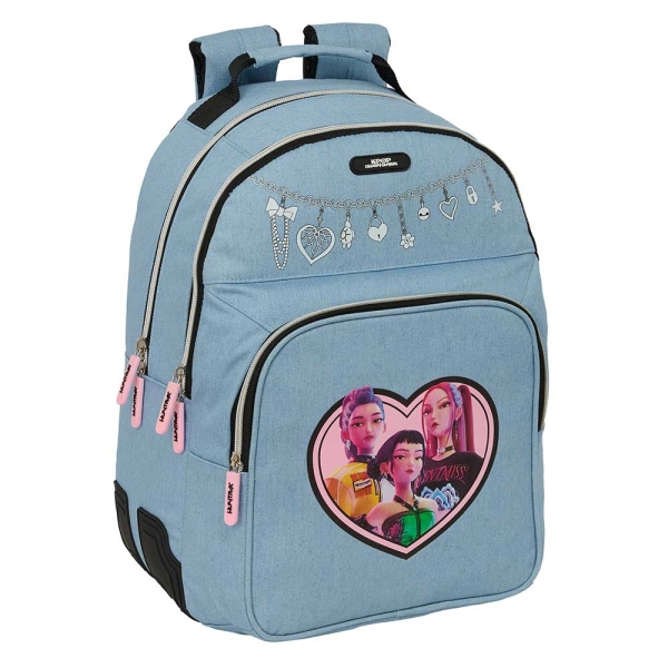 Safta K-Pop Demon Hunters Huntr/X Mochila - Adaptable a Carro - Bolsillo Frontal - Portabotellas - Cremallera con Doble Tirador - Asa de Mano - Espalda Acolchada - 32x42x15cm - Color Azul Claro