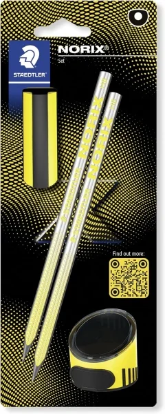 Staedtler Norix Pack de 2 Lapices de Grafito HB + Borrador + Sacapuntas - Madera Negra - Diseño Inteligente