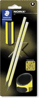 Staedtler Norix Pack de 2 Lapices de Grafito HB + Borrador + Sacapuntas - Madera Negra - Diseño Inteligente
