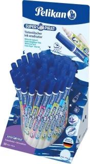 Pelikan Expositor de 50 Boligrafos Super Pirat 850 B - Borratinta de Pluma Estilografica y Roller - Punta Blanca y Reescribe - Punta M en Forma de Cincel - Color Azul