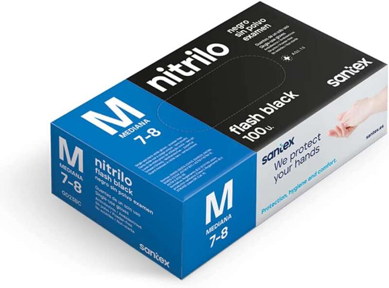 Santex Flash Black Pack de 100 Guantes de Nitrilo Talla M - 6 gramos - Sin Polvo - Libre de Latex - No Esteriles - Color Negro