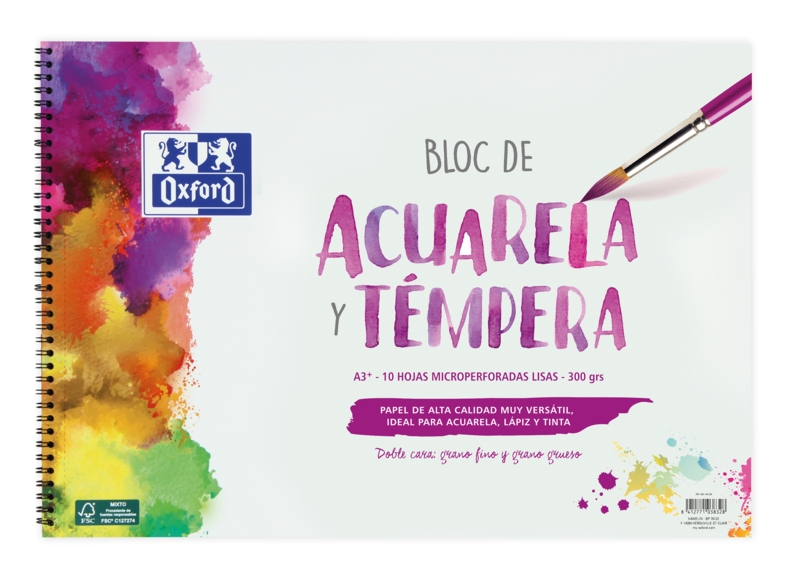 Oxford Pintura Escolar Bloc Espiral Acuarela y Tempera A3+ - Tapa Blanda/Contratapa Rigida - 10 Hojas - 300gr Liso · Pack de 5 uds.