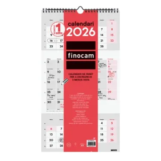 Finocam Calendario de Pared en Catalan - Anual 2026 - Espacio para Escribir - 236x8x440mm - 3 Meses Vista - Color Blanco y Rojo