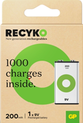 GP ReCyko Pila Recargable 200mAh 9V - Precargada - Ciclo de Vida: Hasta 1000 Veces