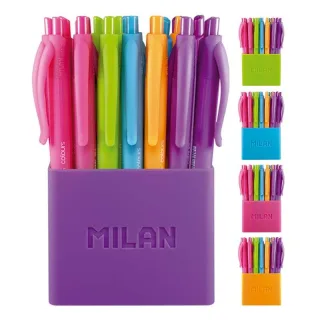 Milan P1 Touch Colours Pack de 24 Boligrafos de Bola Retractiles - Punta Redonda 1.0 mm - Tinta con Base de Aceite - Cuerpo del Color de la Tinta - Colores Surtidos