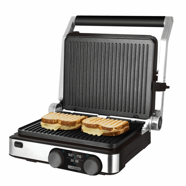 Cecotec Rock'nGrill Dual Parrilla Electrica - 2000W - Antiadherente - Apertura 180º - Placas Desmontables - Pantalla LED - Bandeja Recogegrasas - Acero Inoxidable