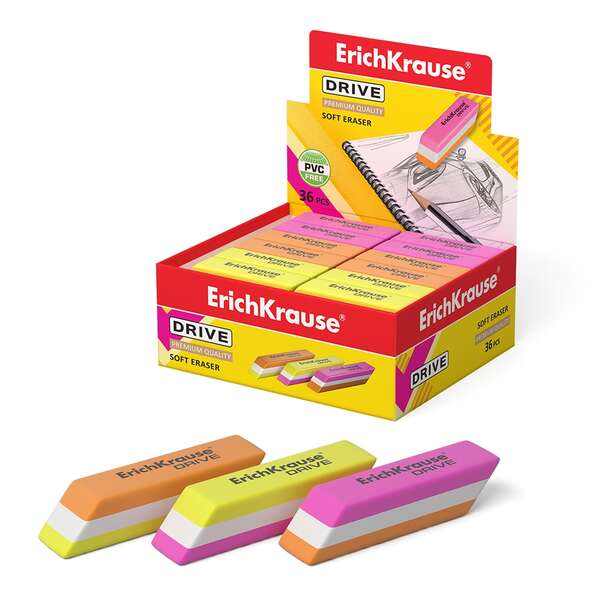 Erichkrause Drive Goma de Borrar Suave de Forma Clasica - Fabricado de Caucho Termoplastico Hipoalergenico - Diseño en Color de Tres Capas - Libre de Impurezas - No Contiene Pvc - Color Negro · Pack de 36 uds.