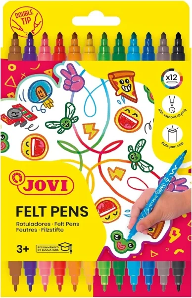 Jovi Felt Pen Extuche 12 Rotuladores de Doble Punta - Punta Fina y Maxi - Amplia Variedad de Tonos - Tinta de Gran Fijacion - Colores Surtidos