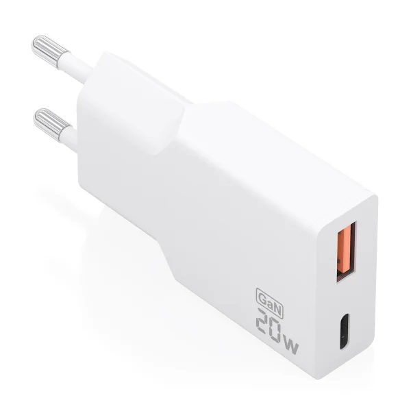 Aisens Cargador de Pared - 20W - GaN - 1xUSB-C - 1xUSB-A - Power Delivery 3.0 - Ultra Delgado - Multiples Protecciones de Seguridad - Color Blanco