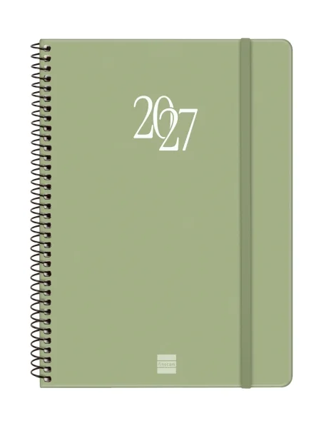 Finocam Espiral Basics My Agenda en Catalan - Anual 2027 - Semana Vista Horizontal - 155x212mm - Goma Elastica - Tapa Dura de Carton Forrado - Esquinas Microperforadas - Papel de 80g/m2 - Color Verde