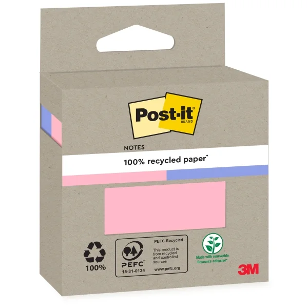 Post-It Pack de 2 Blocs de 100 Notas Adhesivas Recicladas - Forma Cuadrada - Colores Surtidos