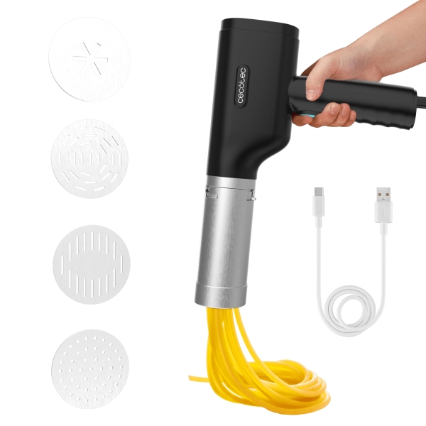 Cecotec Fun EasyPasta Maquina para Pasta y Churros - 40W - Portatil - Capacidad de 200g - Incluye 3 Discos para Pasta - Disco Exclusivo para Churros - Inalambrico - 50 Usos por Carga - Color