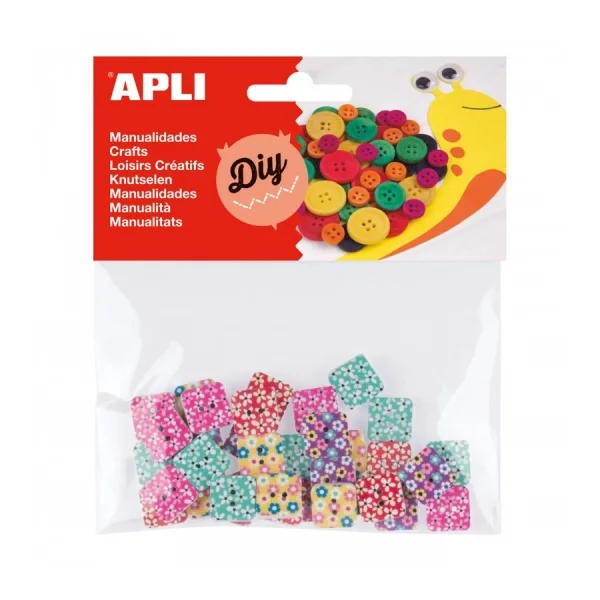 Apli Botones Cuadrados de Madera - Estampados Variados - Bolsa con 35 Unidades - Ideales para Costura, Artesania y Scrapbooking - Colores Surtidos