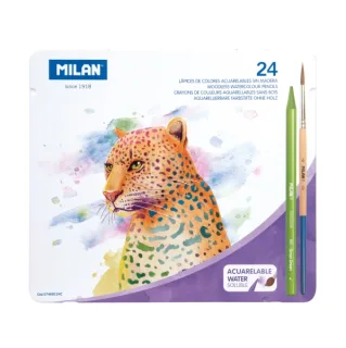 Milan Pack de 24 Lapices de Colores Acuarelables - Caja Metalica - Todo Mina - Incluye Pincel - Colores Surtidos