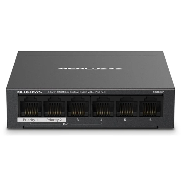 Mercusys Switch 6 Puertos RJ45 10/100Mbps - 4 Puertos PoE - Largo Alcance hasta 250m en Modo Extendido - Carcasa de Metal